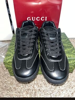 Gucci Men’s Black Leather Perforated Lace-Up Sneakers
